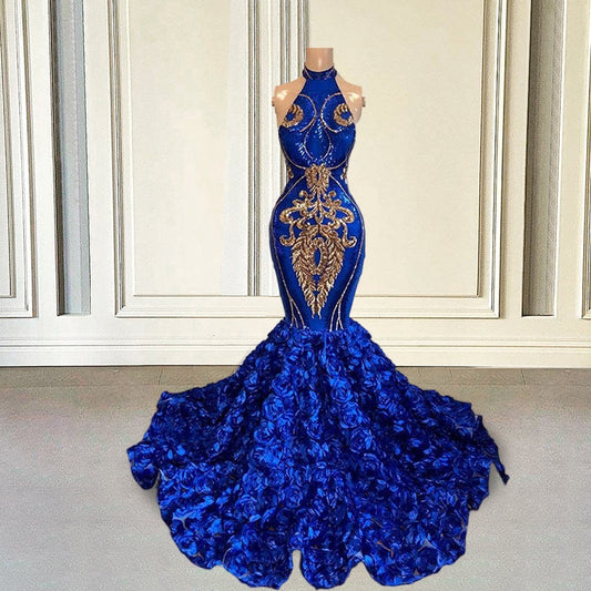 Turtleneck Royal Blue Sequin Evening Dress