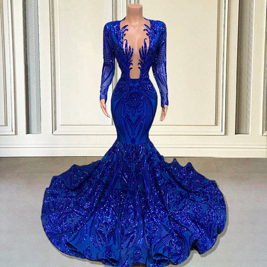 Royal Blue Sequin Long Sleeve Mermaid Evening Dress