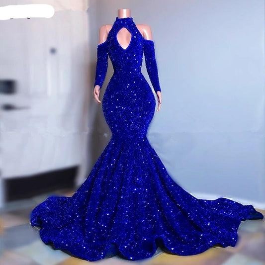 Turtle Neck Royal Blue Sequins Mermaid Evening Dress/ Prom Dress