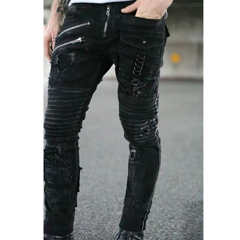 Slim Fit Punk Skinny Denim Pants - Jeans