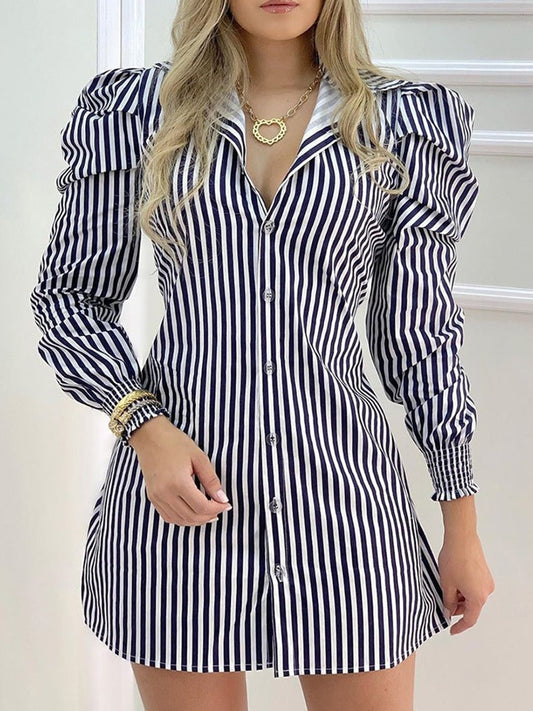 Striped Button Design Puffed Sleeve Shirt Spring Dress