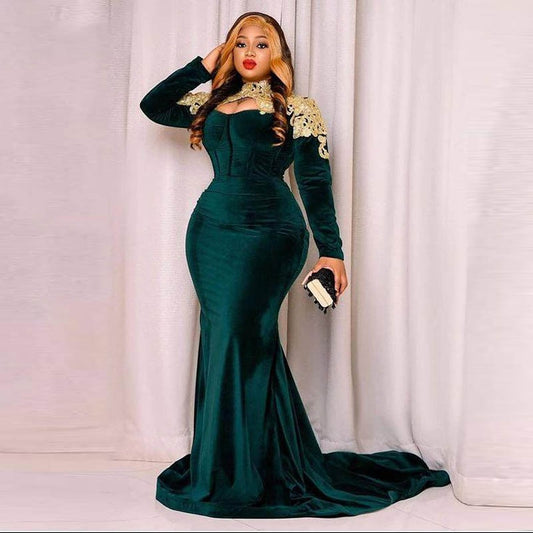 High Neck Long Sleeve Velvet Plus Size Evening Dress