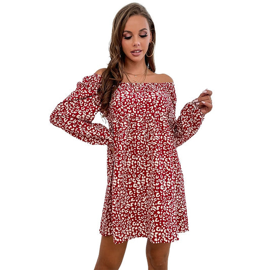 Polyester Slash Neck Long Sleeve Leopard Print Loose Mini Spring Dress