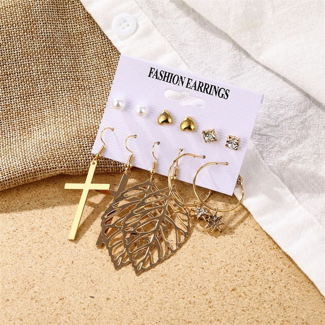 Gold Color Geometric Round Earrings Set For Women