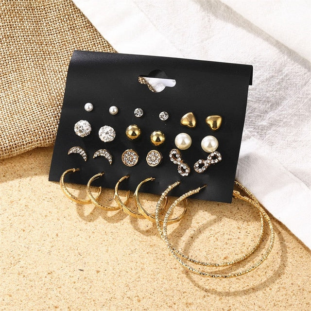 Gold Color Geometric Round Earrings Set For Women