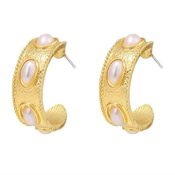 Pearl Crystal Gold Color Stud Earrings For Women