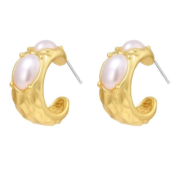 Pearl Crystal Gold Color Stud Earrings For Women