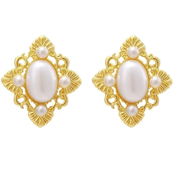 Pearl Crystal Gold Color Stud Earrings For Women