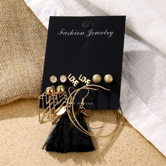 Gold Color Geometric Round Earrings Set For Women