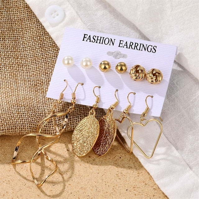 Gold Color Geometric Round Earrings Set For Women