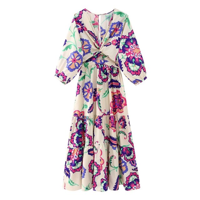 Vintage V Neck Paisley Flower Print Dress