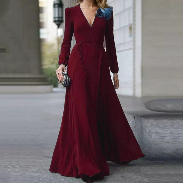 V Neck Long Sleeve Maxi Dress for Women