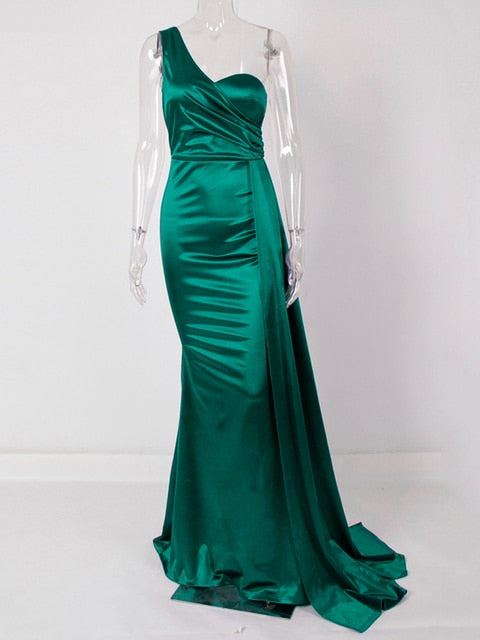 One Shoulder Padded Sexy Satin Dress Side Train Sleeveless Bodycon Evening Night Party Gown Burgundy Green