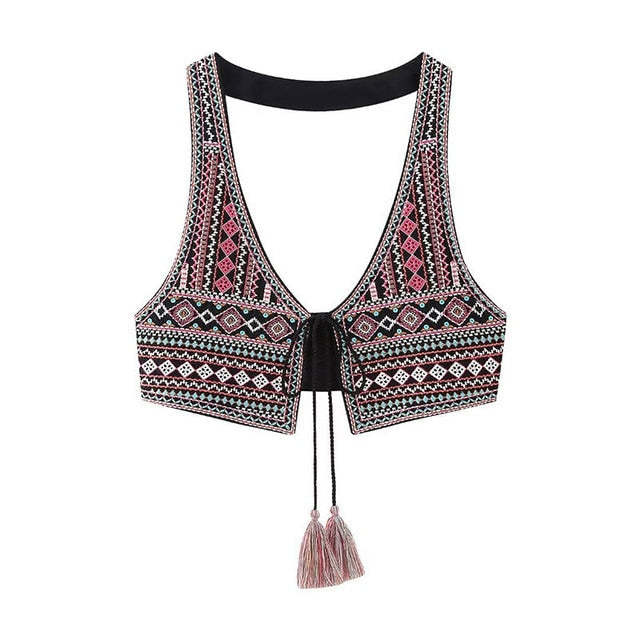 Vintage Embroidery Tassel Lace Up Vest For Women