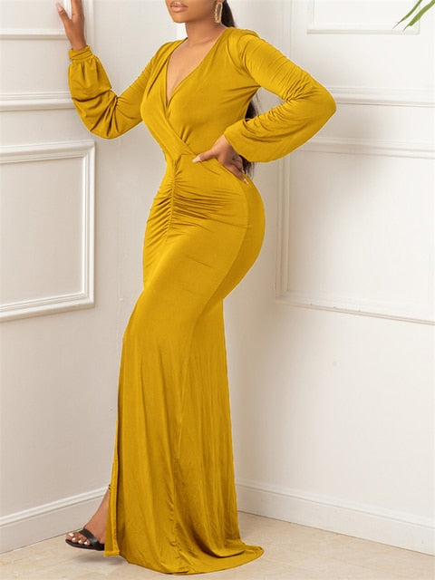 Elegant Evening Dresses Long Patry Gown Sexy Deep V Long Sleeve Mermaid Bodycon Split Maxi Robe Femme