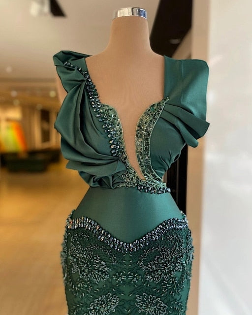 Green  Beaded Mermaid Evening V neck Custom Made Crystal Sequin Party  Prom Dress